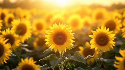 Fototapeta premium Golden sunflowers field at sunset's vibrant glow.