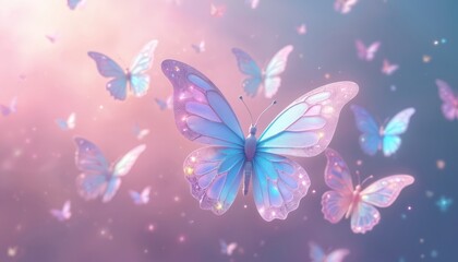 Digital illustration colorful holographic butterflies group flying in sky. Rainbow transparent wings, crystals, artistic art design. Abstract decorative painting, nature, spring, summer. Illustration