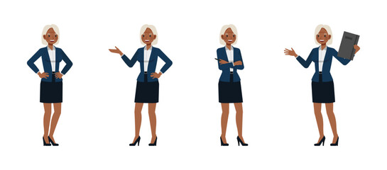 Business woman white hair color wear blue suit character vector illustration design set. Women standing and presentation.