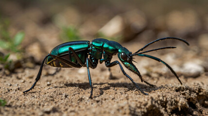 Close-up macro of a small green beetle on a leaf, detailing the insect's antenna and brown weevil features in nature