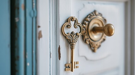 Vintage brass key on ornate door handle with elegant design and rich textures