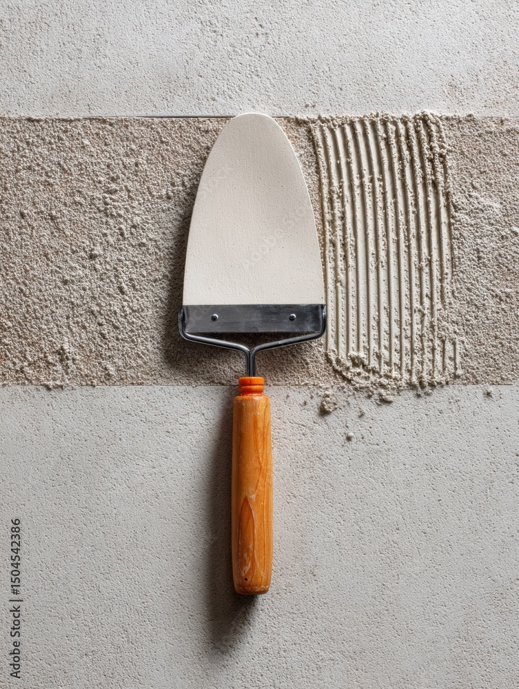 Aufkleber tile adhesive spatula placed on flat concrete surface with pattern sample creating a textured finish