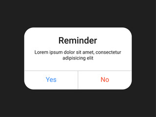 reminder notification pop up UI design with yes and no buttons on a dark background for mobile app and web alert interface in a minimal modern style