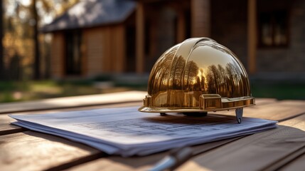 Shiny safety helmet on blueprints outdoors in construction setting