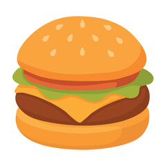 Funny cartoon cheeseburger with lettuce, tomato, patty and cheese in a soft bun.