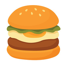 Vector burger with egg, lettuce and patty in a soft bun. Fun breakfast cartoon illustration.