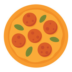 Round pepperoni pizza with cheese and basil leaves. Bright flat vector food illustration.