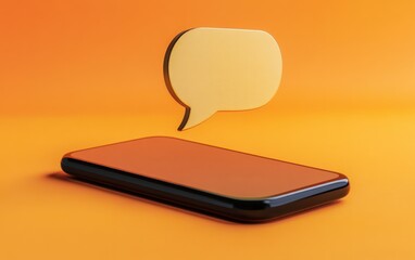 Smartphone displays floating message bubbles on an orange background. Digital, communication, chat, read, mobile, phone, device, app, website, connection, technology, notification, icons, social.