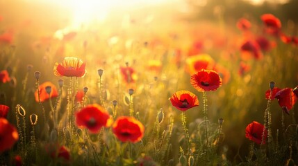 Fototapeta premium Warm sunset glow over a field of vibrant poppies.