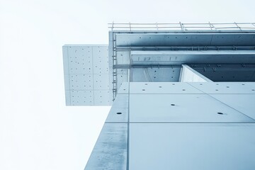 Modern architectural structure from low angle view highlighting concrete textures and clean lines