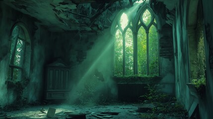 Atmospheric interior of an abandoned building with sunlight streaming through stained glass windows in a forgotten room