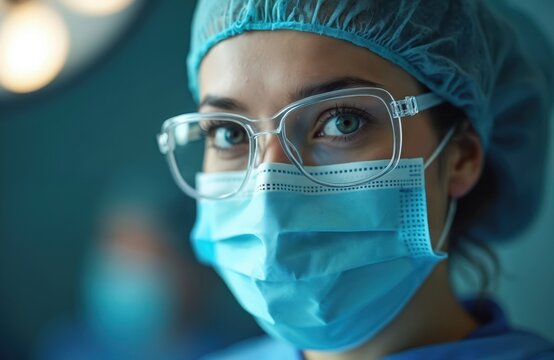 Female doctor wearing safety glasses and medical mask in operating room. Healthcare pro in protective gear. Surgical team, sterile environment, medical clinic, hospital. Focused eyes look at viewer. - Powered by Adobe