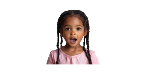 Surprised Young Girl With Braided Hair In Pink Shirt. Expressive Child Portrait Isolated On Transparent Background