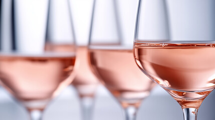 Closeup detail of elegant crystal wine glasses filled with rose wine on gray neutral background