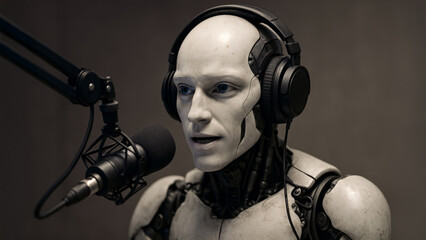 humanoid robot wearing headset speaking into microphone at news podcast interview with neon pink and blue lights in the background
