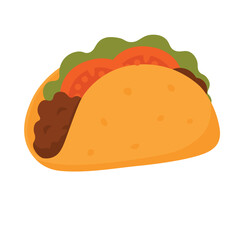 Flat cartoon taco with ground beef, lettuce and tomato in a soft yellow shell.