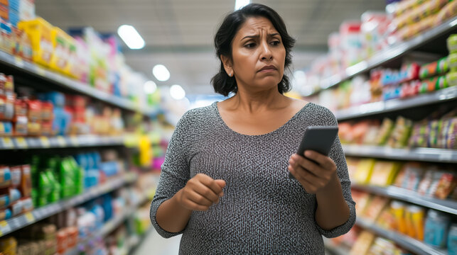 Middle aged Hispanic woman shopping in grocery store aisle, looking concerned while checking smartphone for product information