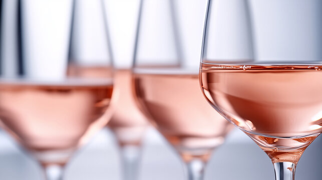 Closeup detail of elegant crystal wine glasses filled with rose wine on gray neutral background