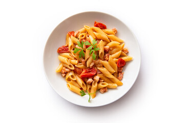 Mezze penne con pancetta e pomodorini, pasta italiana