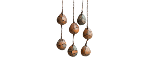 Hanging Cracked Ceramic Orbs Chains. Rustic Art Installation With Earthy Tones Isolated On Transparent Background