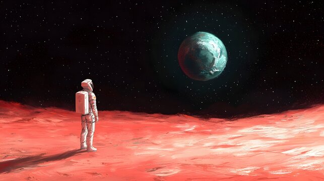 A lone astronaut stands on the barren, red-hued surface of an alien planet, looking towards a distant moon, conveying a sense of vast exploration