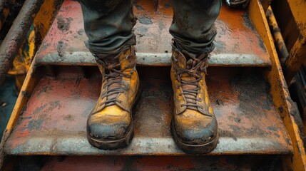 Close up view of work boots on metal steps in industrial setting with dirt and grime