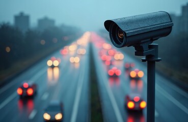 CCTV camera monitors traffic on a highway during rain. Surveillance tech for road safety. Cars driving at evening. Urban infrastructure security system. Security camera records movement on the street.