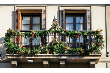Festively decorated balcony with garlands and red berries