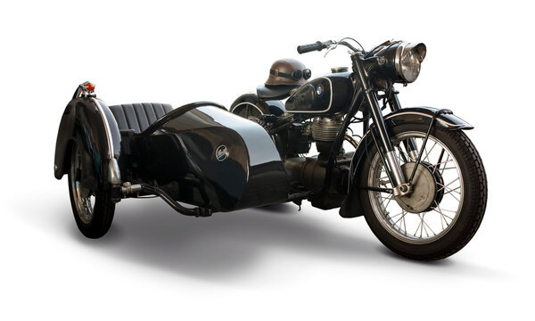 BMW R26 classic motorcycle with side car isolated on transparent background. PNG	
