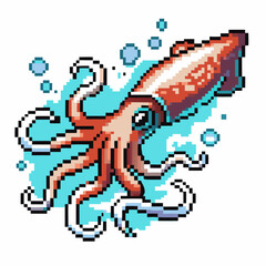 Retro pixel art, octopus underwater vibrant tentacles, bubbles, sea life digital design