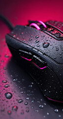 Black Gaming Mouse with Red LED Lighting on Wet Surface in Dark Cyber Background