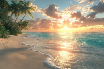 Golden sunset over serene beach with gentle waves and palm trees near tropical coast