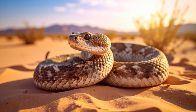Close-up shot of snake on sand in desert. Puff adder. Animal and reptile concept.