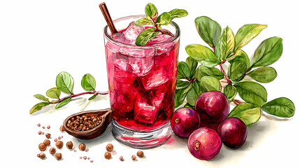 Vibrant Watercolor Illustration of Spiced Kokum Drink – Refreshing Indian Herbal Beverage Art

