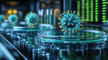 Vaccine development process. 3D virus model interacting with antibodies, glowing petri dish in lab, green data stream background. Biotech, innovation, scientific, molecular, laboratory, research.