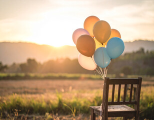 Balloons tied to a wooden chair bouncing slightly in the soft afternoon breeze.