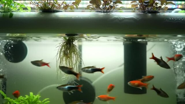 Aquatic Harmony Fish Swim Among Submerged Plant Roots In Aquarium