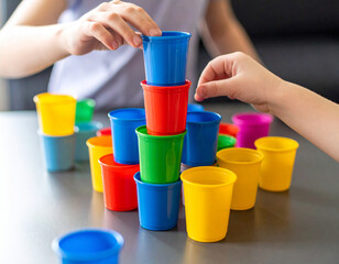 Small hands build a tall tower with colorful plastic cups on a smooth surface, representing stacking and learning.