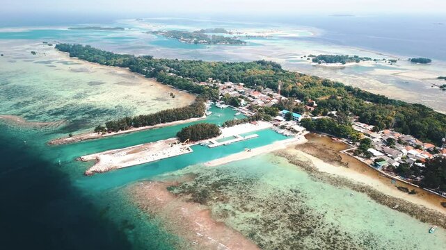 Aerial shot of Thousand Island, Indonesia Island of Pularu Pari