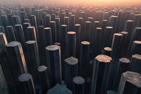An aerial view showcases numerous basalt columns under a bright sky, creating an impressive geological landscape with intricate formations.