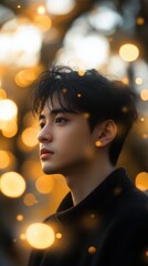 Subtle golden bokeh effects on a blurred background, glowing highlights. Vertical