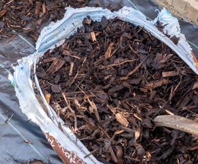 Close up of wood bark and wood chip used for garden maintenance
