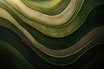 Aerial view reveals terraced farmland with varying shades of green crops in wavy lines, creating a serene and textured landscape.
