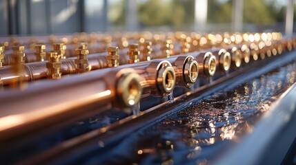 Modern industrial water pipelines with copper valves reflecting light