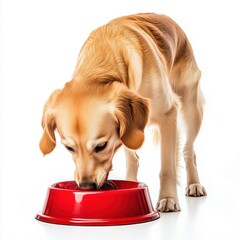 Golden retriever lying on a clean kitchen floor with a full bowl of dog food in front white background. Special pet food. nutritious kibble, breakfast concept. 