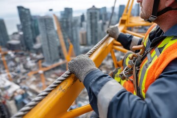 Fototapeta premium Construction worker in safety gear gripping crane railing, overlooking urban skyline with cranes and buildings, showcasing high-altitude construction environment and safety measures