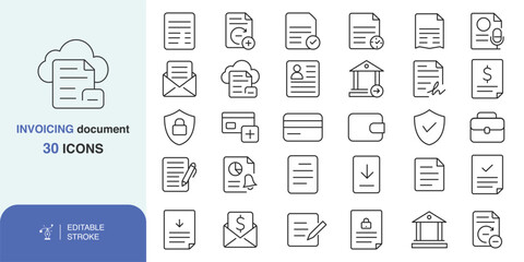 Invoicing and Billing Line Icons, Editable Document Outline Icon Set, Payment & Invoice Line Icon Collection, invoice icons, billing icons, document line icons, new