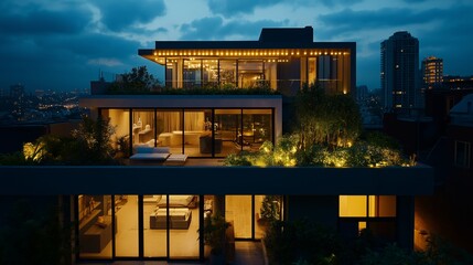 Modern rooftop garden illuminated by string lights in urban setting at night