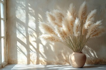 Naklejka premium Pampas grass arrangement in a ceramic vase by a sunlit window creating beautiful shadows