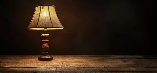 A vintage table lamp with a patterned lampshade sits on a wooden table in a dark room. The lamp casts a warm glow on the table.